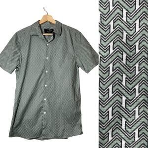 Topman Stretch Fit Mens Button Front Shirt Green Medium Short Sleeve